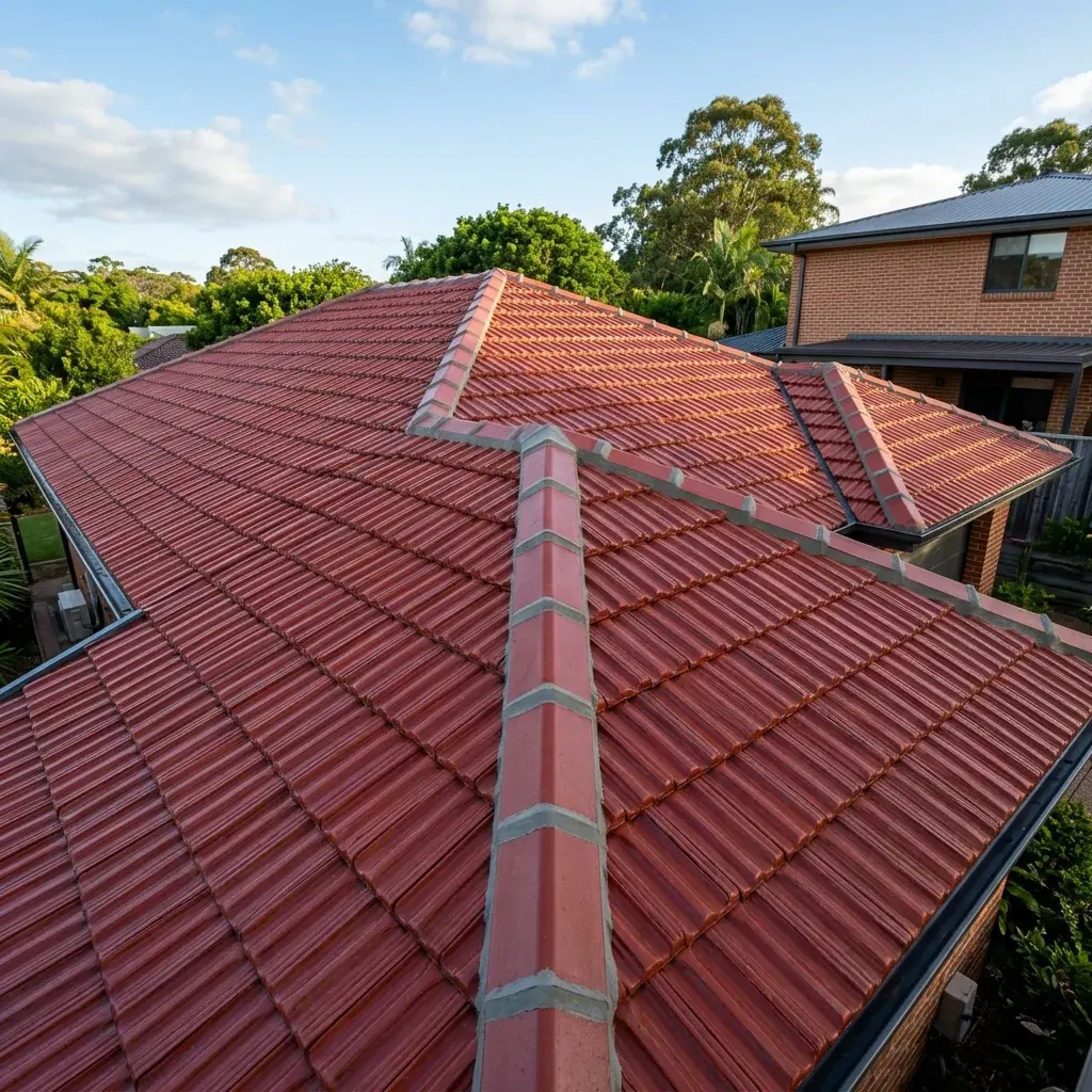 Terracotta tiled roof with fresh grey pointing and black gutters, seen from above