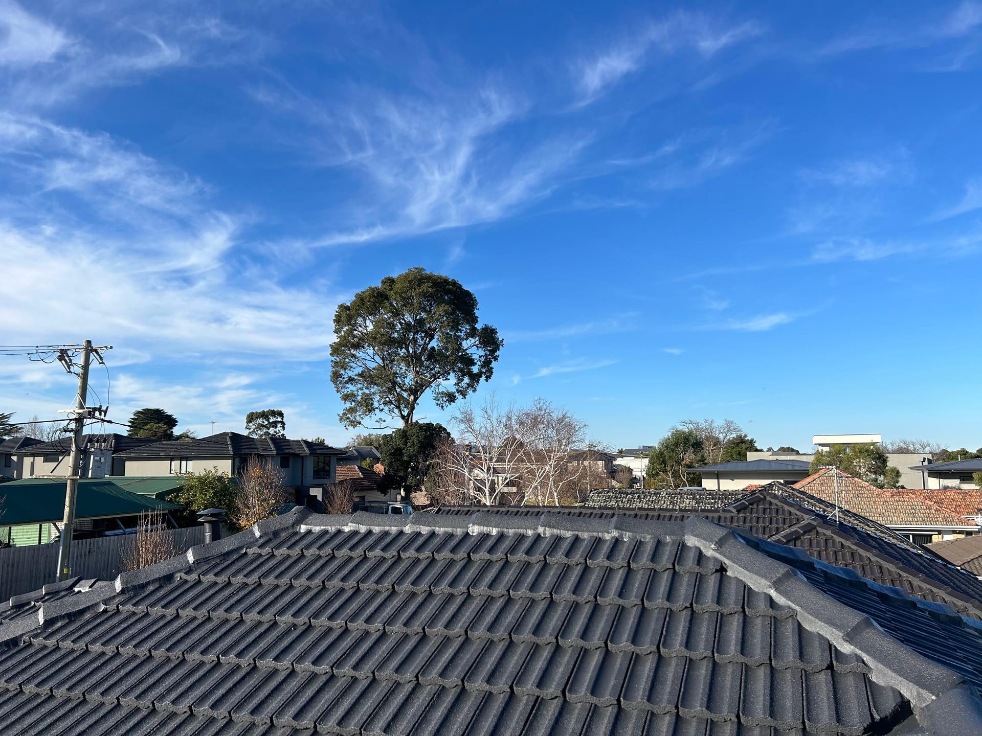 Fresh grey pointing along the ridge of a charcoal-coated tiled roof